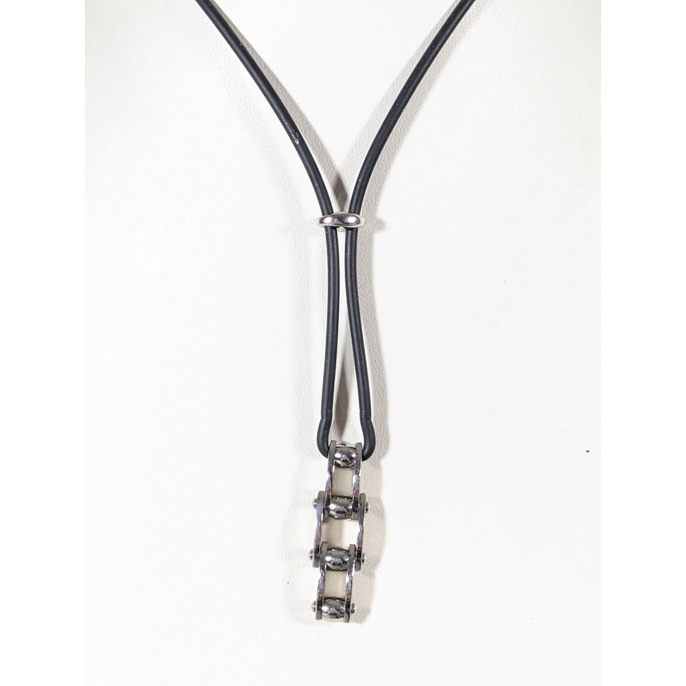 Black Rubber Cord Silver Tone Chain Y-Drop Necklace Modernist‎ Industrial 17"